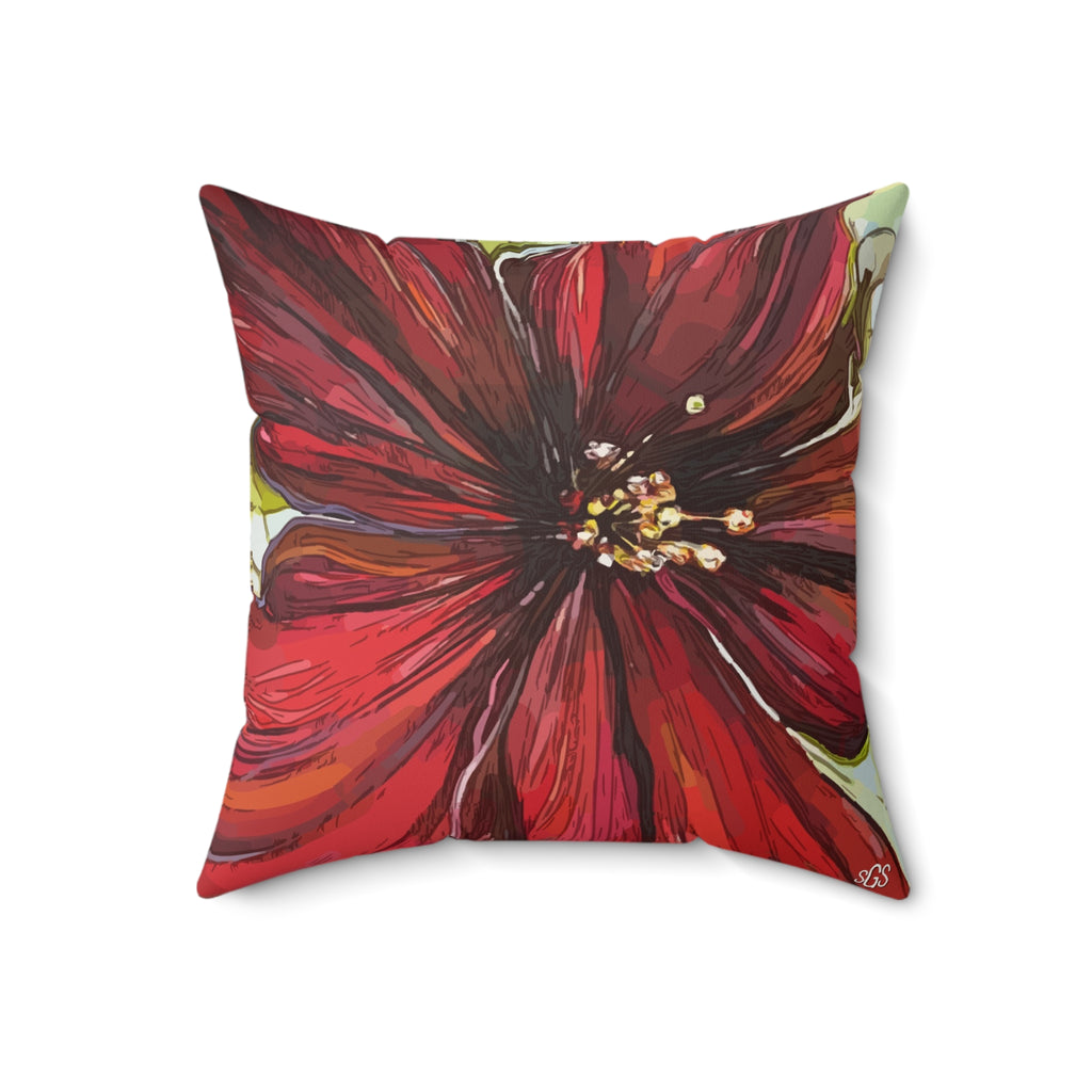 Red Flower Smooth Pillow — Bold Hand-Painted Bloom Square Throw Pillow