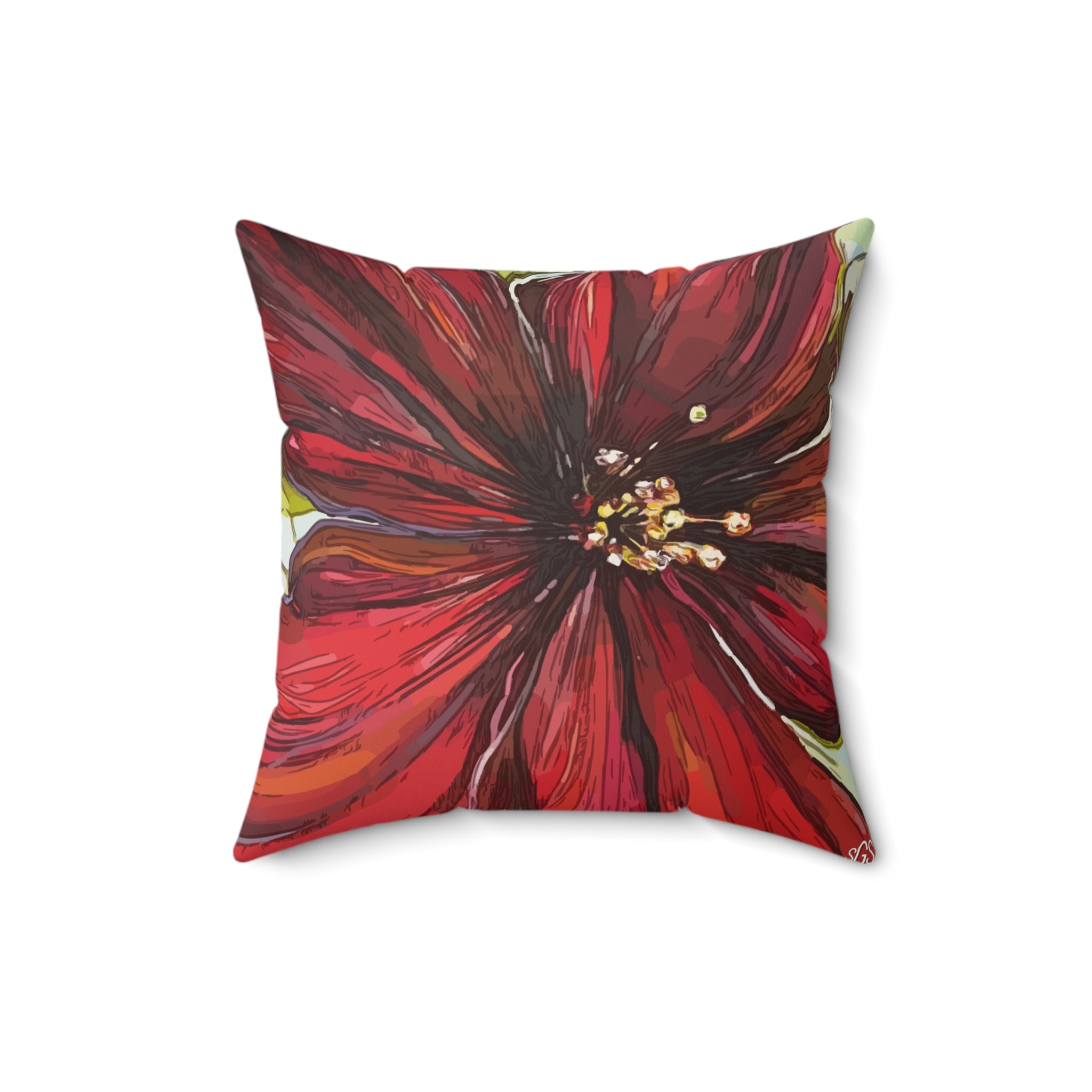 Red Flower Smooth Pillow — Bold Hand-Painted Bloom Square Throw Pillow