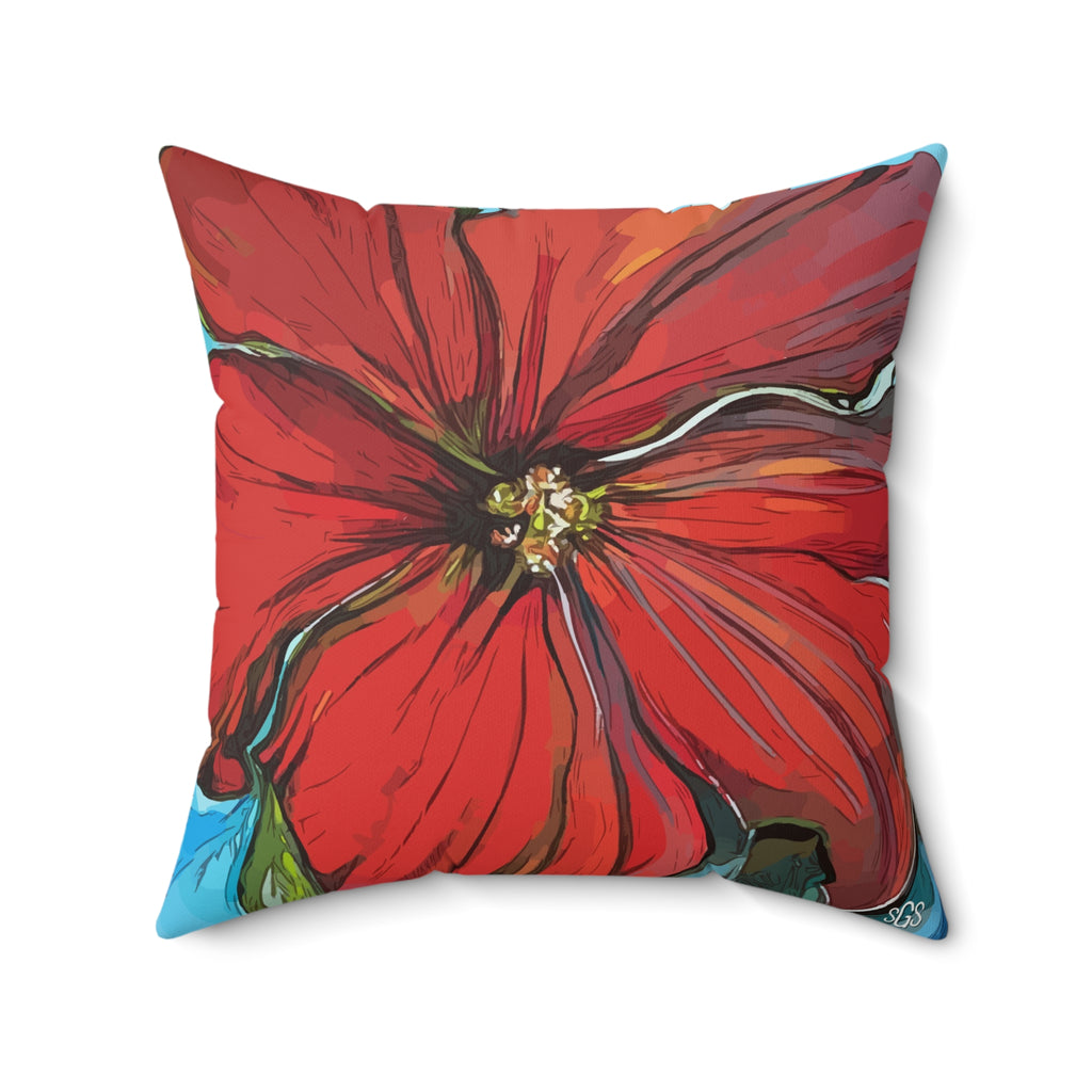 Red Floral Faux Suede Pillow — Bold Hand-Painted Bloom Square Throw Pillow