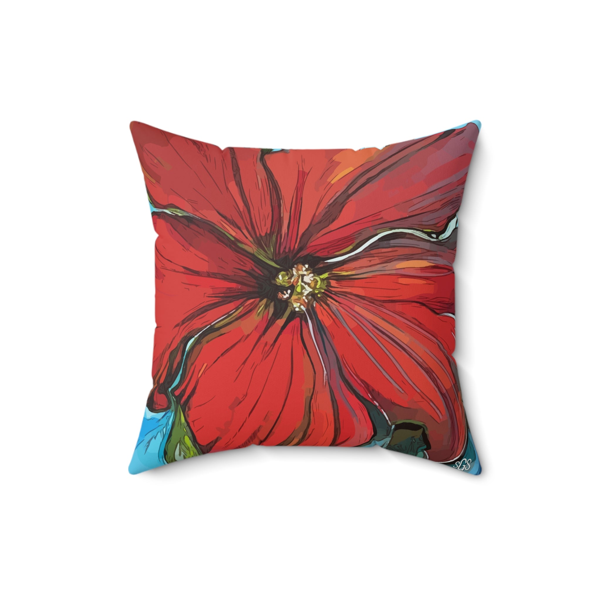 Red Floral Faux Suede Pillow — Bold Hand-Painted Bloom Square Throw Pillow