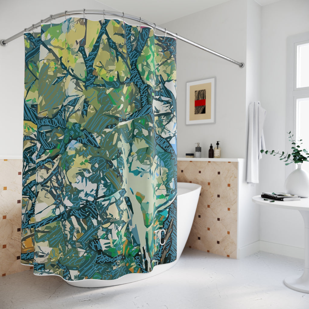 Nature-Inspired Tree Canopy Shower Curtain — Abstract Green Forest Design