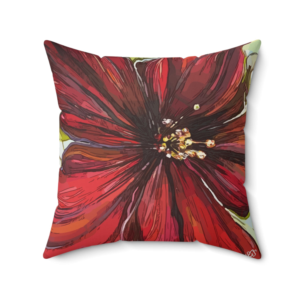 Red Flower Smooth Pillow — Bold Hand-Painted Bloom Square Throw Pillow