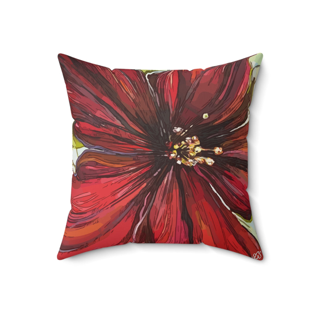 Red Flower Smooth Pillow — Bold Hand-Painted Bloom Square Throw Pillow