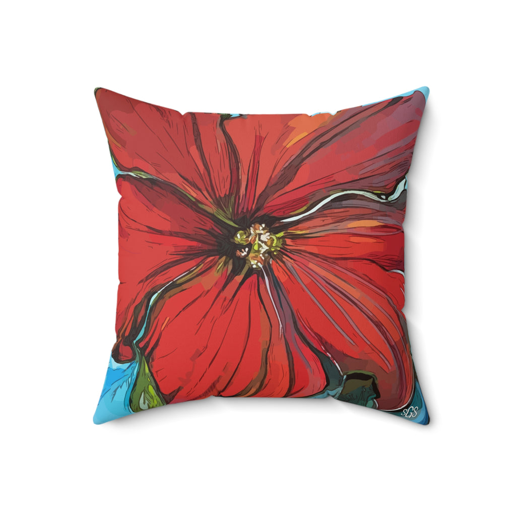 Red Floral Faux Suede Pillow — Bold Hand-Painted Bloom Square Throw Pillow