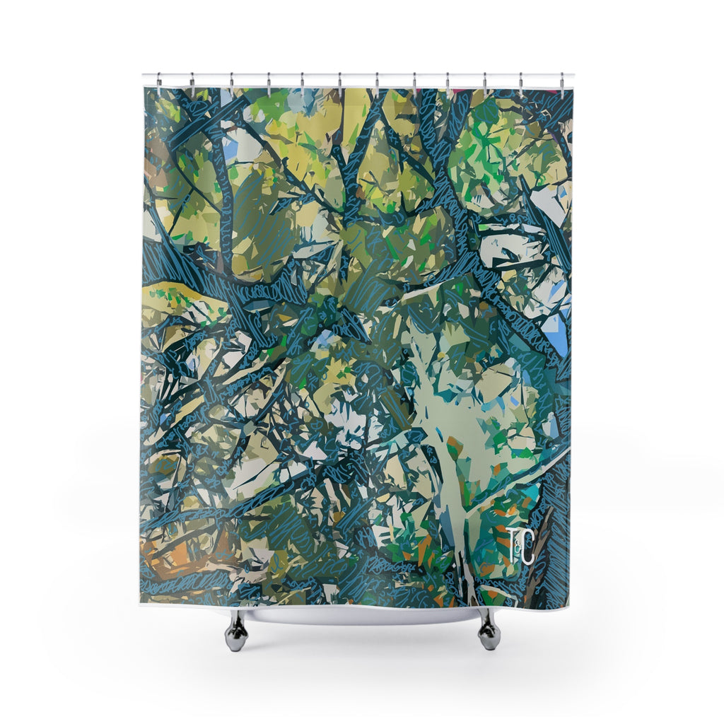 Nature-Inspired Tree Canopy Shower Curtain — Abstract Green Forest Design