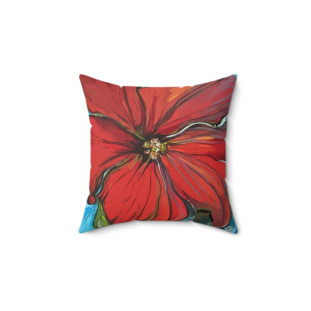 Red Floral Faux Suede Pillow — Bold Hand-Painted Bloom Square Throw Pillow
