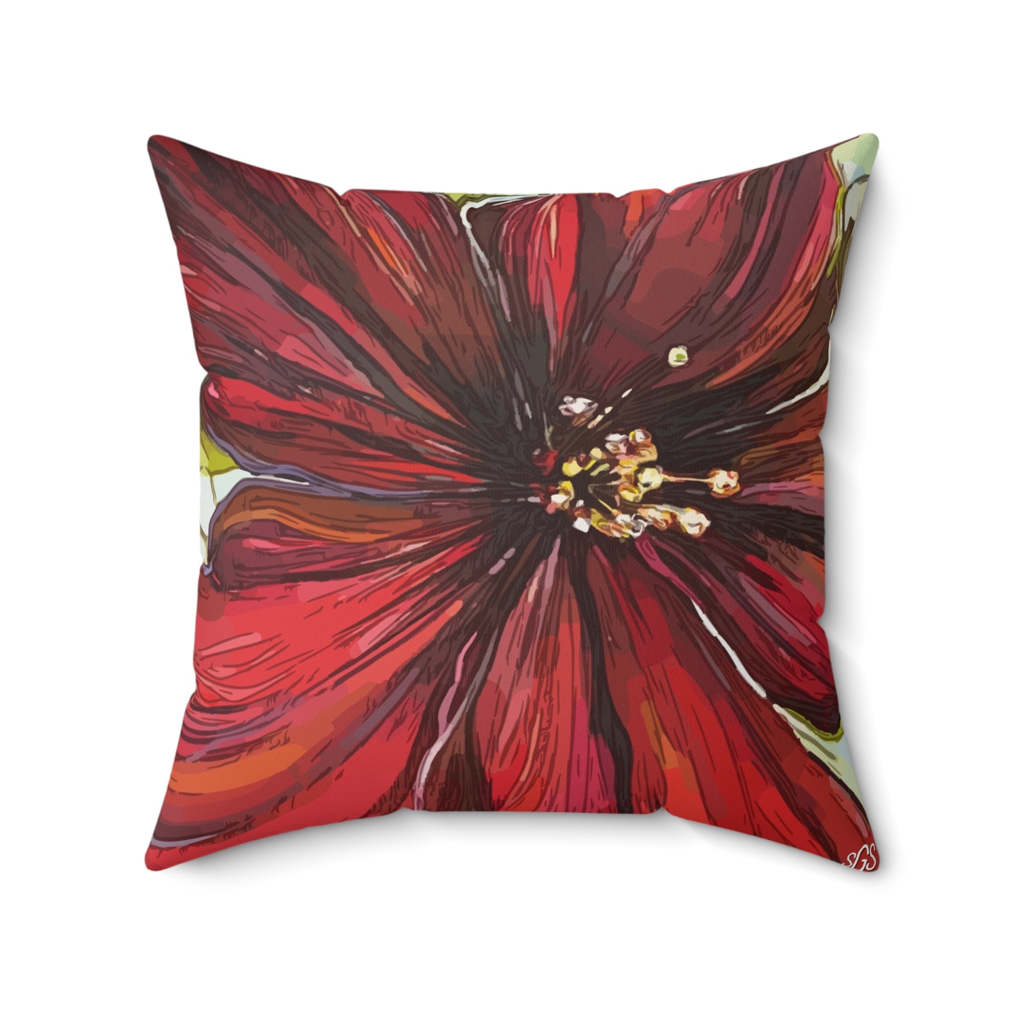 Red Flower Smooth Pillow — Bold Hand-Painted Bloom Square Throw Pillow