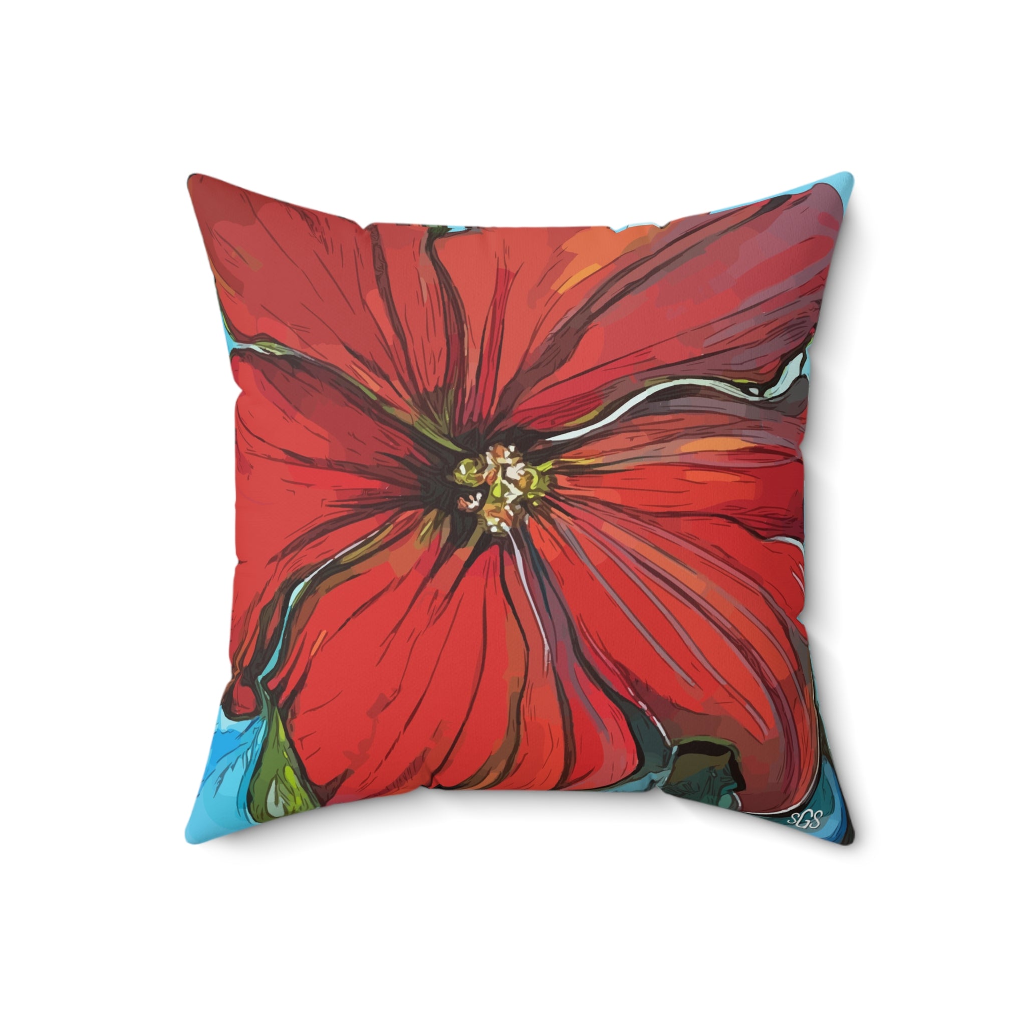 Red Floral Faux Suede Pillow — Bold Hand-Painted Bloom Square Throw Pillow