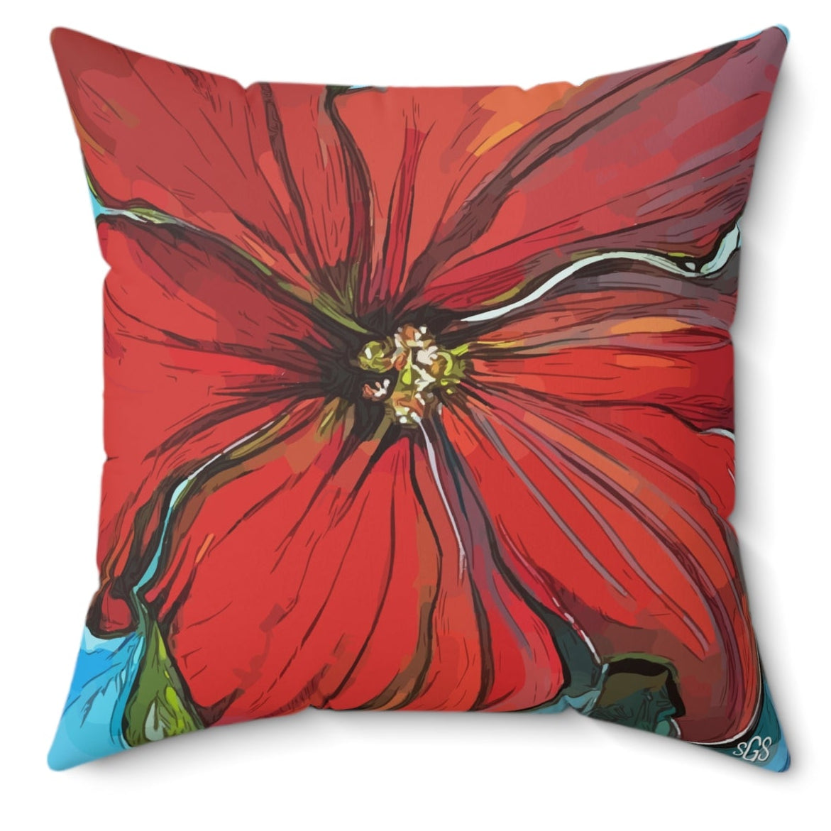 Red Floral Faux Suede Pillow — Bold Hand-Painted Bloom Square Throw Pillow