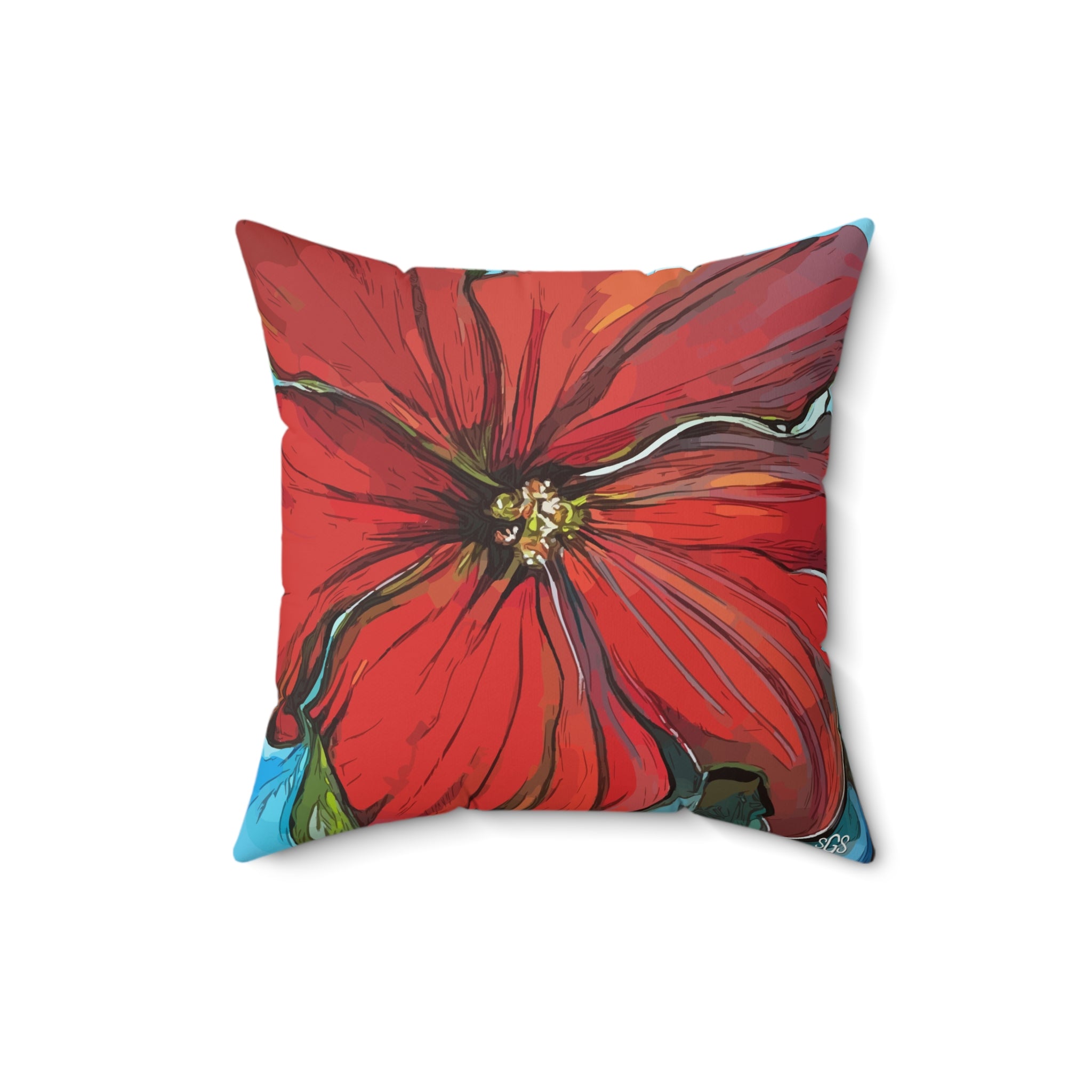 Red Floral Faux Suede Pillow — Bold Hand-Painted Bloom Square Throw Pillow