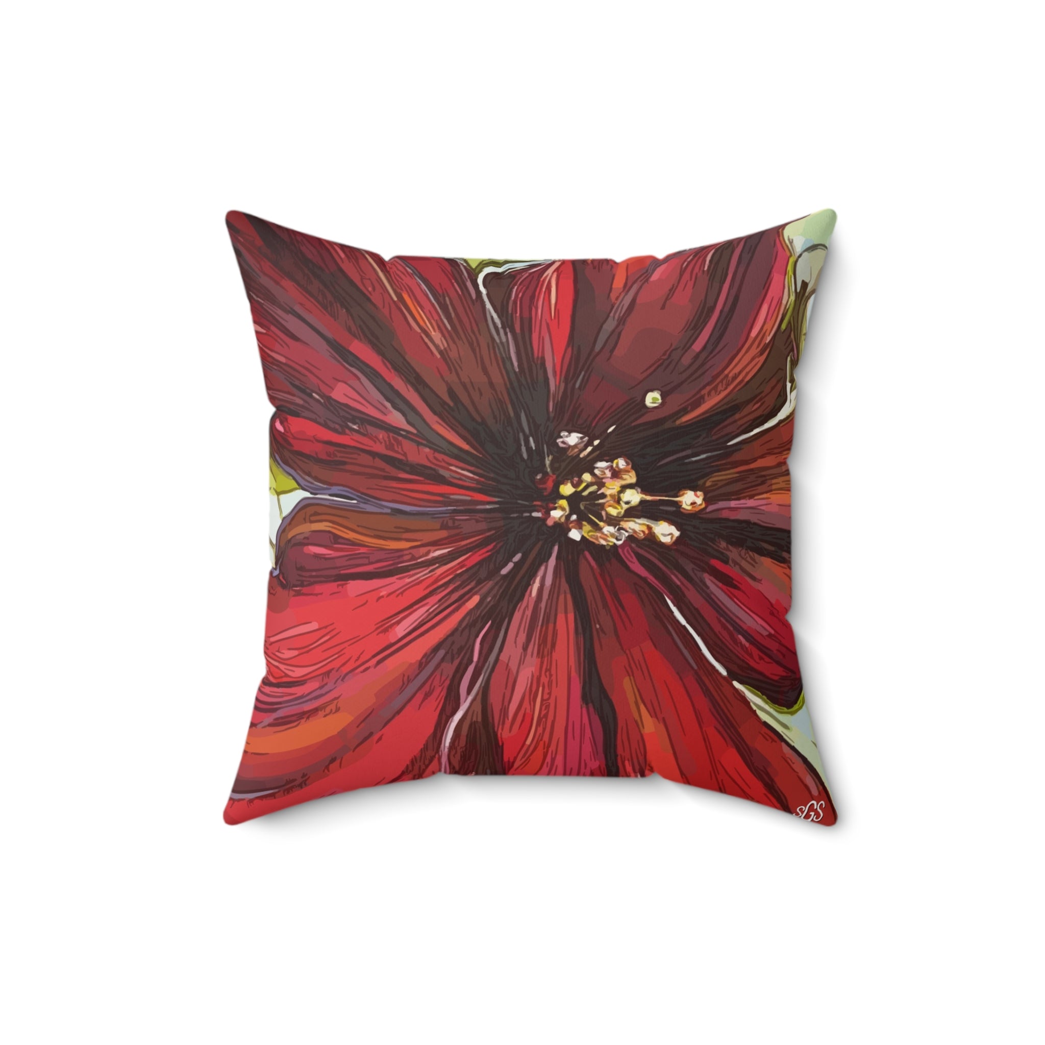 Red Flower Smooth Pillow — Bold Hand-Painted Bloom Square Throw Pillow