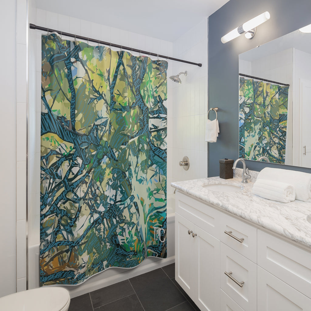 Nature-Inspired Tree Canopy Shower Curtain — Abstract Green Forest Design