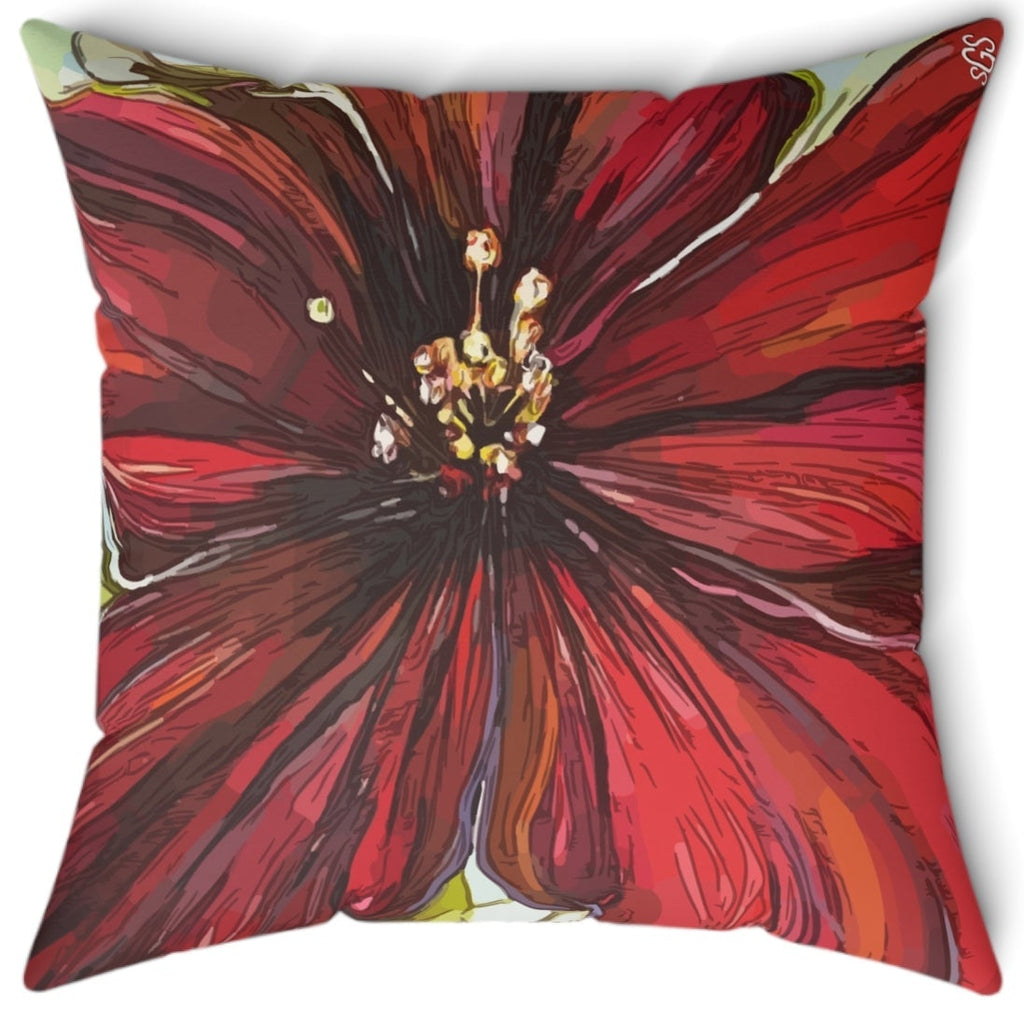 Red Flower Smooth Pillow — Bold Hand-Painted Bloom Square Throw Pillow