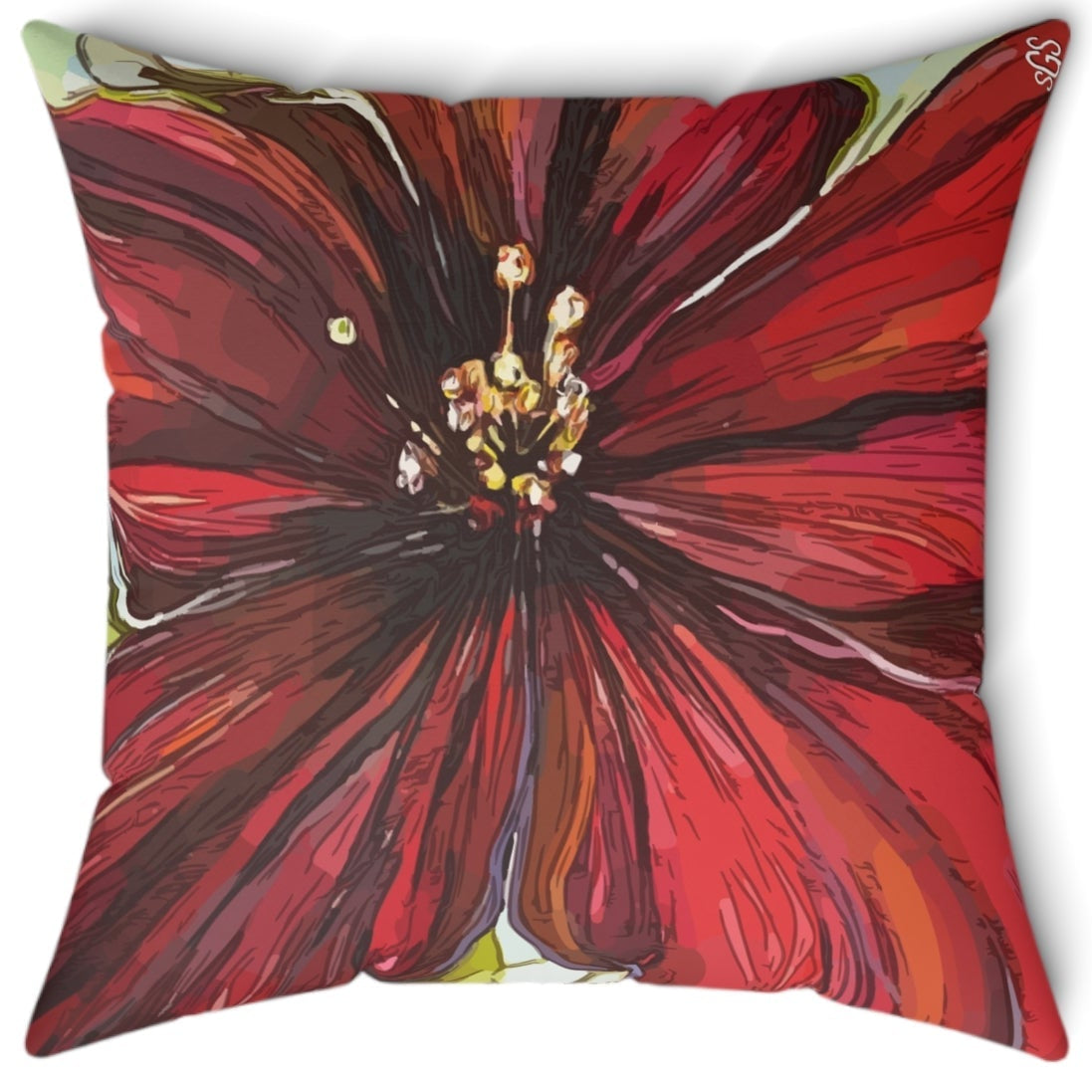 Red Flower Smooth Pillow — Bold Hand-Painted Bloom Square Throw Pillow