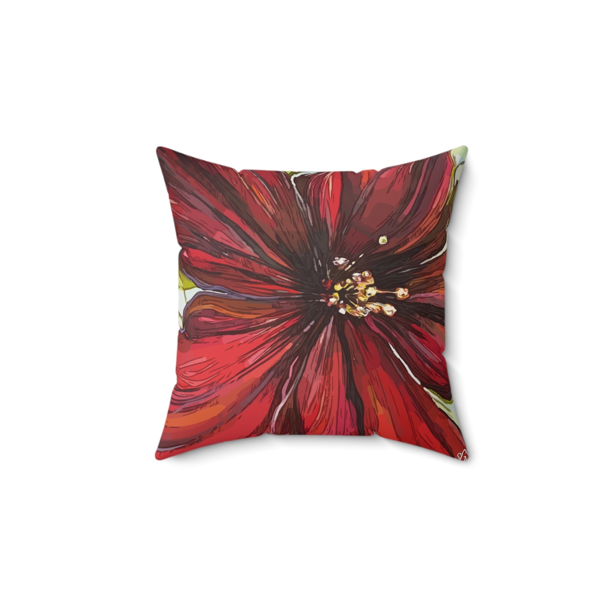 Red Flower Smooth Pillow — Bold Hand-Painted Bloom Square Throw Pillow