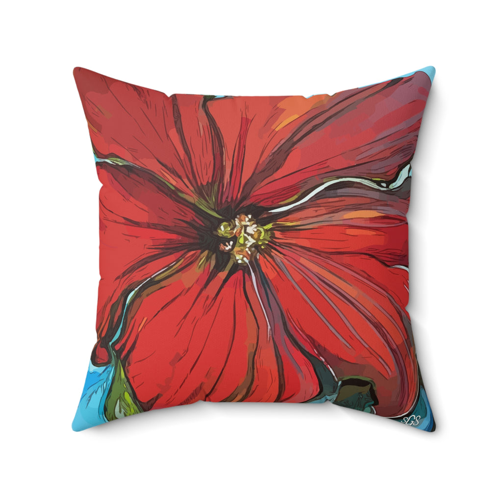 Red Floral Faux Suede Pillow — Bold Hand-Painted Bloom Square Throw Pillow